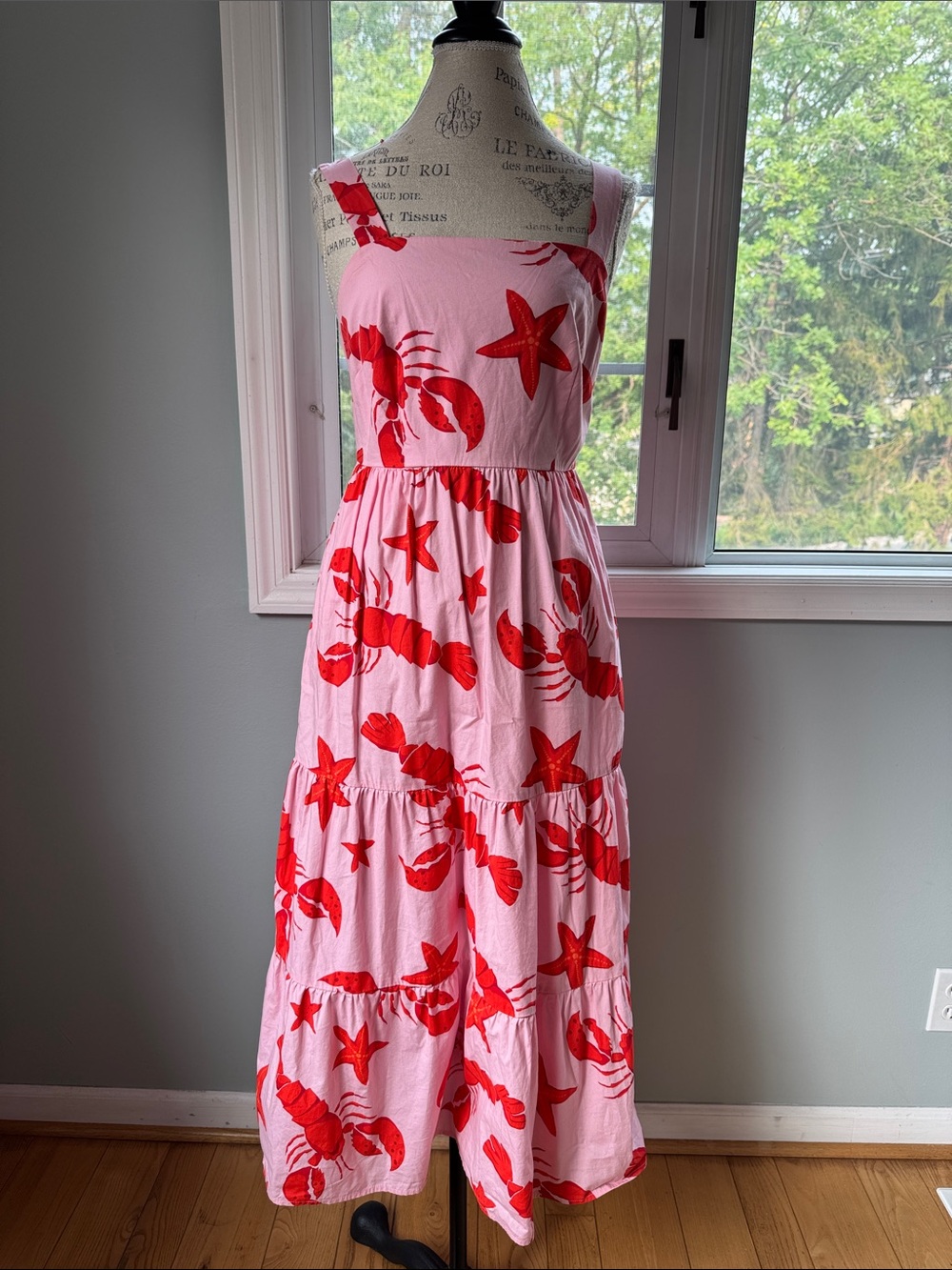 J Crew cotton tiered pink and red lobster midi dress size 4 - Picture 3 of 11